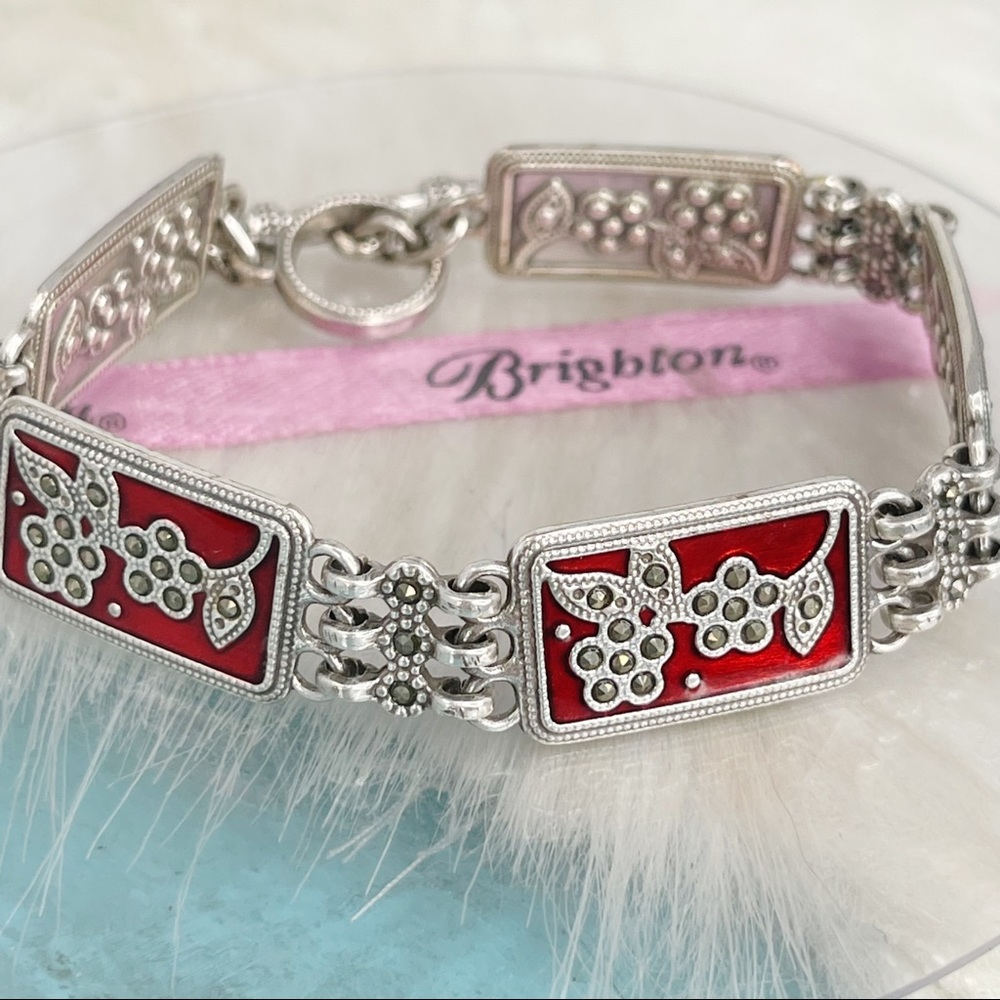Brighton Gloria Red Marcasite Flower Silver Plate Rectangle Panel Link Bracelet